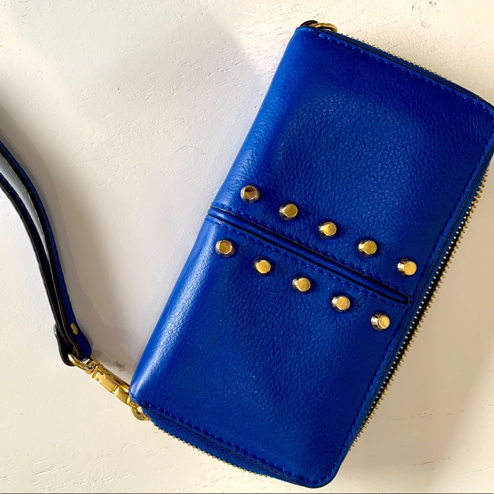 Michael Kors Wallet bright blue with gold studs.